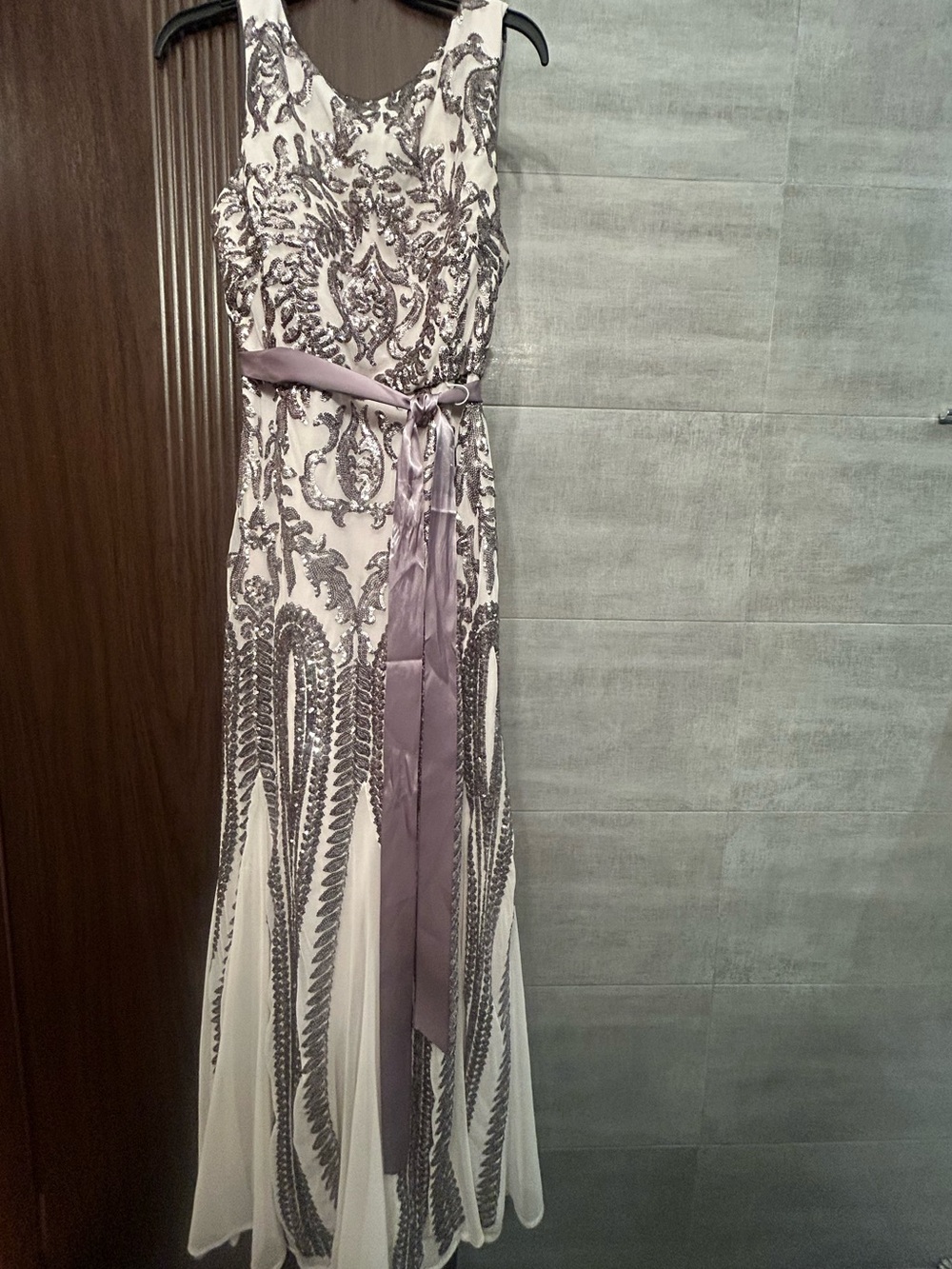 R&M Richards Ivory Evening Maxi Dress with Lavender Beaded Embellishment